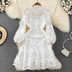 Women Vintage 3/4 puff Sleeve Mock NeckLace Embroidery Mini Short Dress, Size XL
